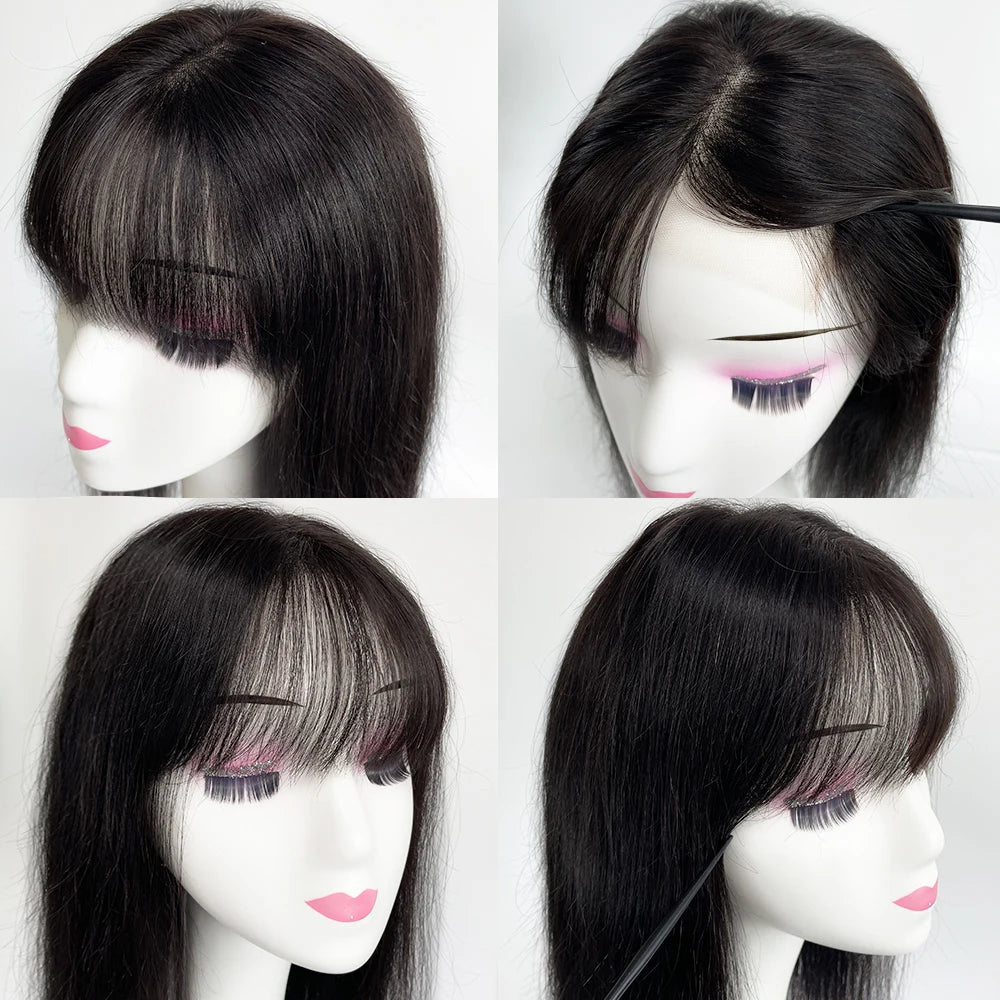 4x4 HD Lace Base Wispy Bangs Topper Natural Black Hair Hairpieces Clips
