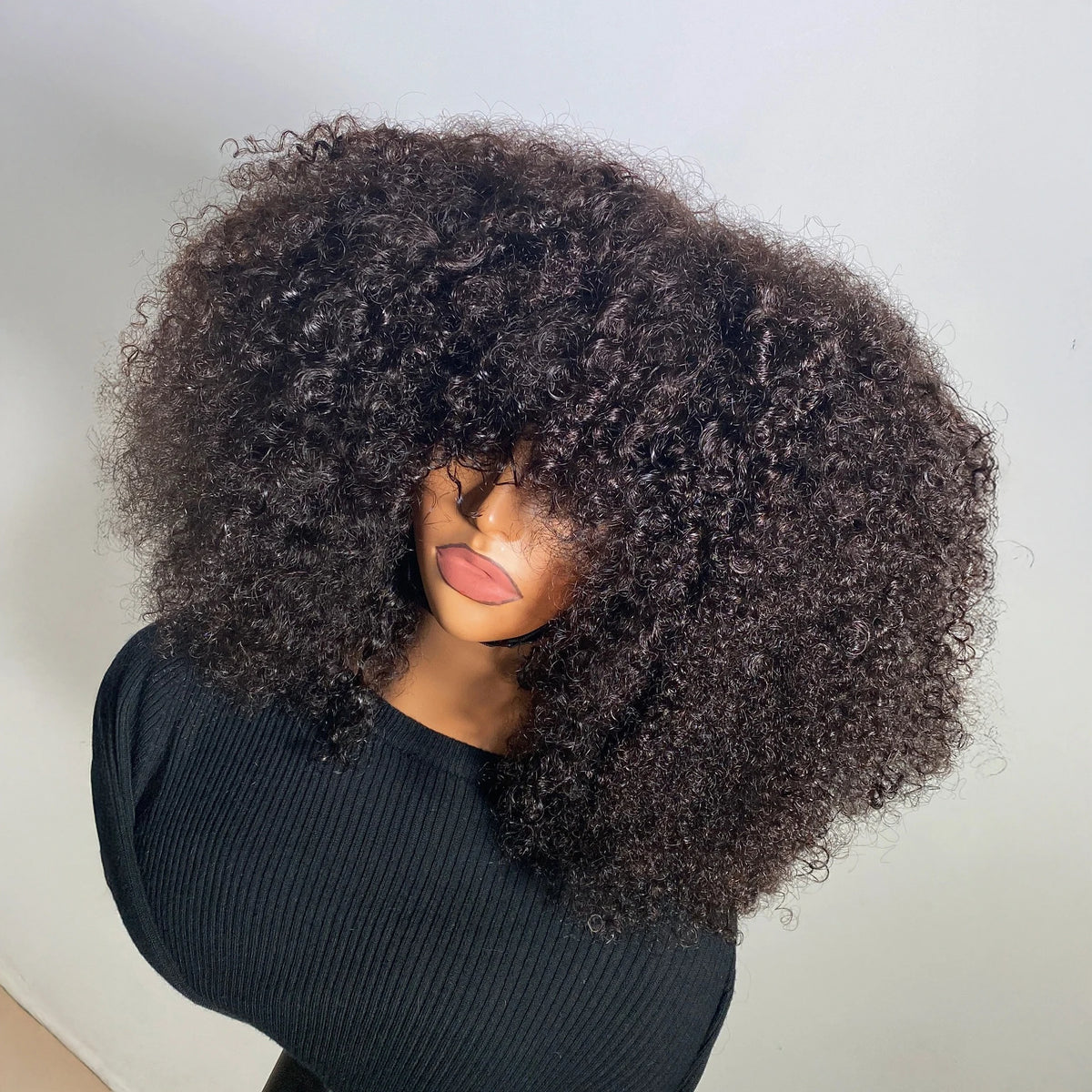 Mongolian Curly Afro Kinky Human Hair Wigs Bangs Without Glue Bouncy Density