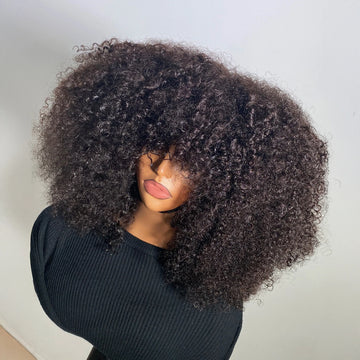 Mongolian Curly Afro Kinky Human Hair Wigs Bangs Without Glue Bouncy Density
