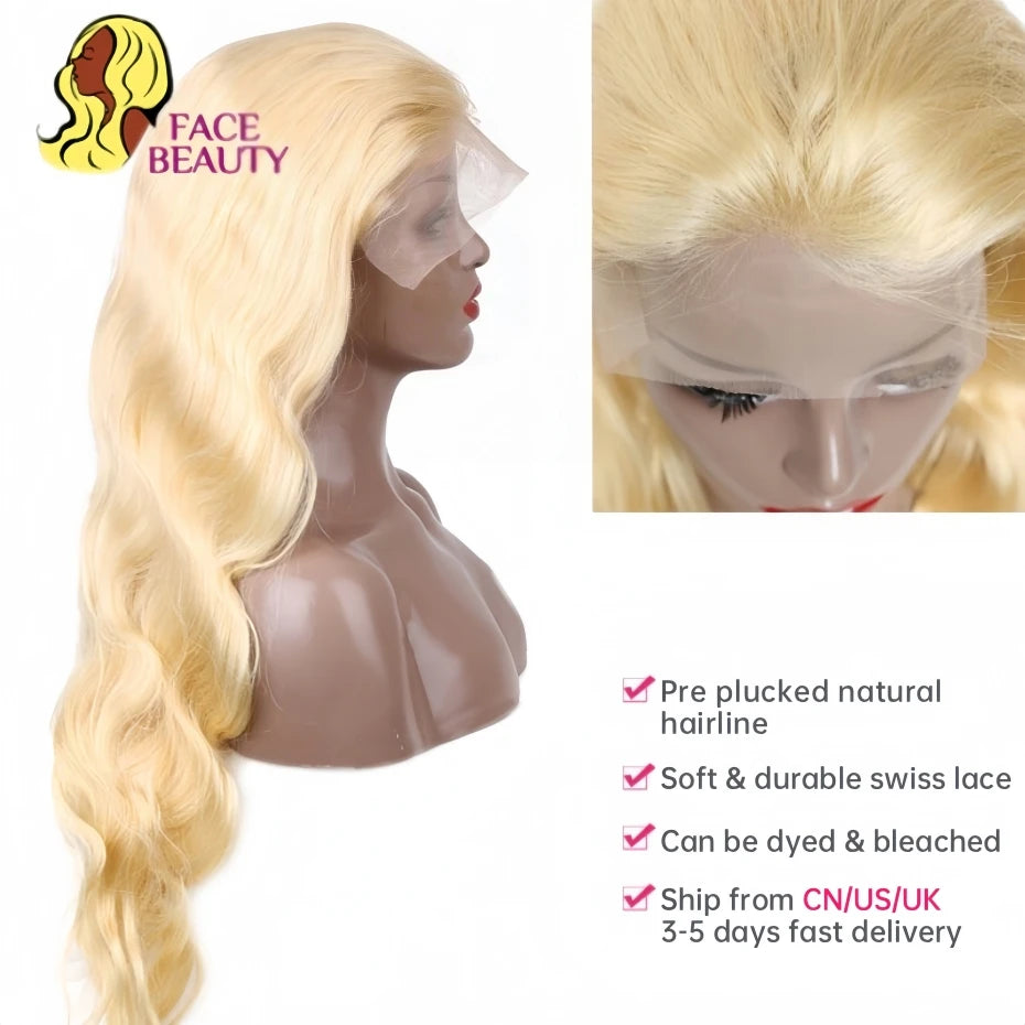 Invisible Drawstring 613 Blonde, 13x4 Body Wave Lace Front Wig Preplucked Brazilian