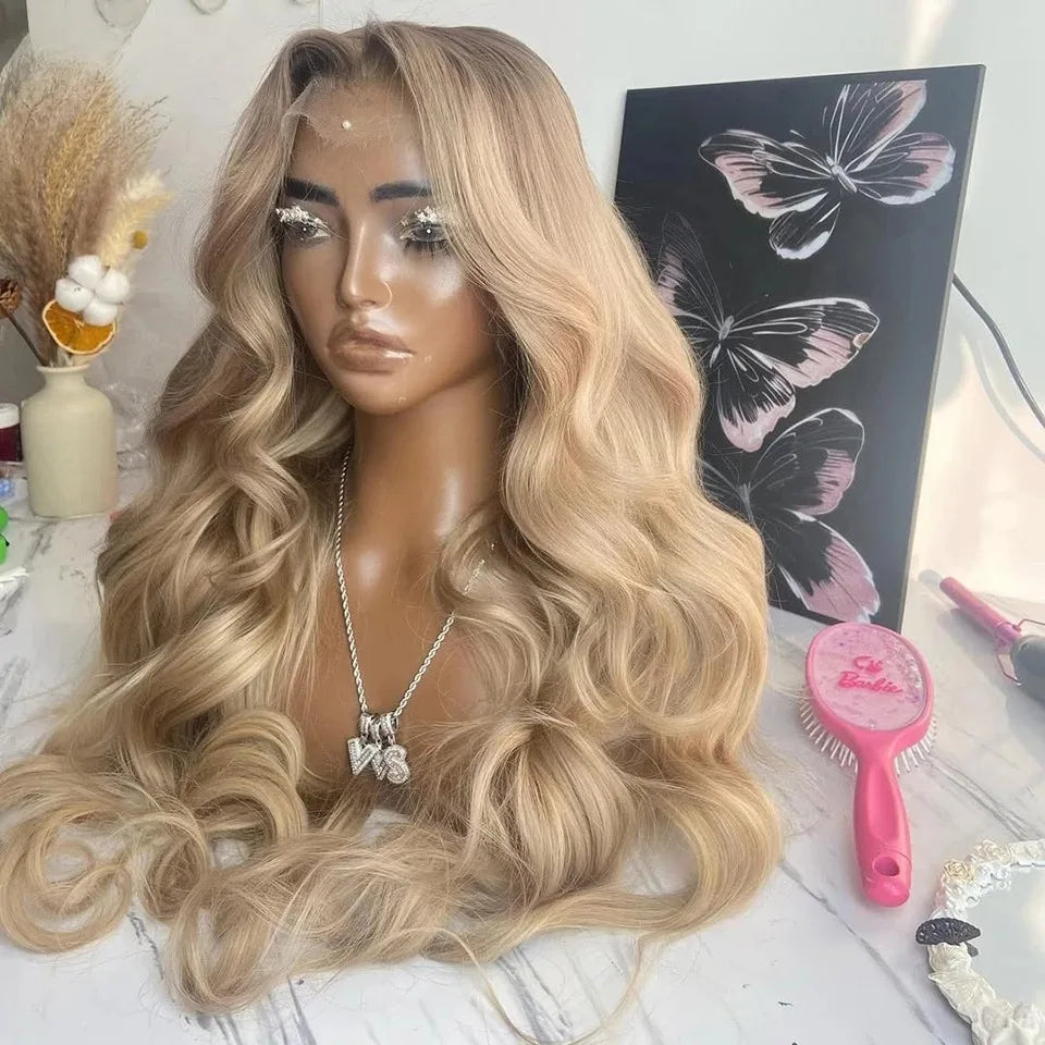 180% Density Brown Roots Ash Blonde Body Wave Lace Frontal Wig, 13x4, Ombre, Synthetic Blend