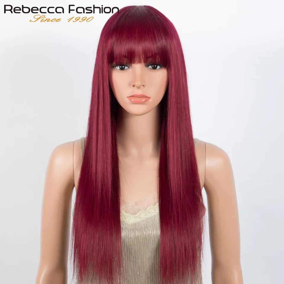 Brazilian Straight Human Hair Wigs Bangs Burgendy Put On Go, 100% Remy