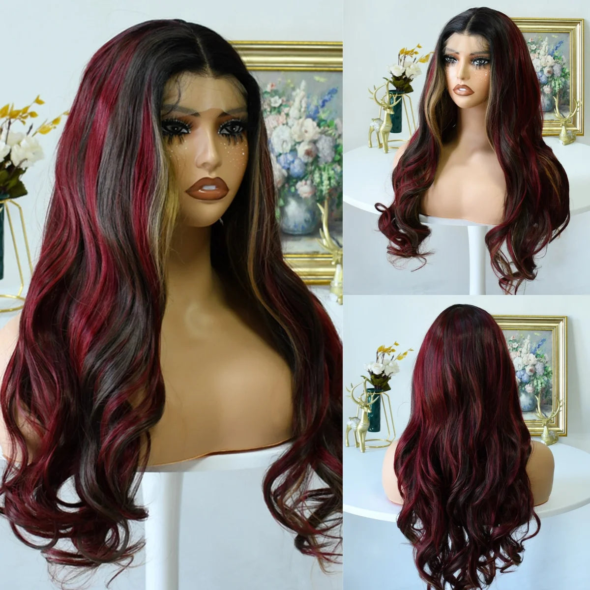 180% Density Brown Roots Ash Blonde Body Wave Lace Frontal Wig, 13x4, Ombre, Synthetic Blend