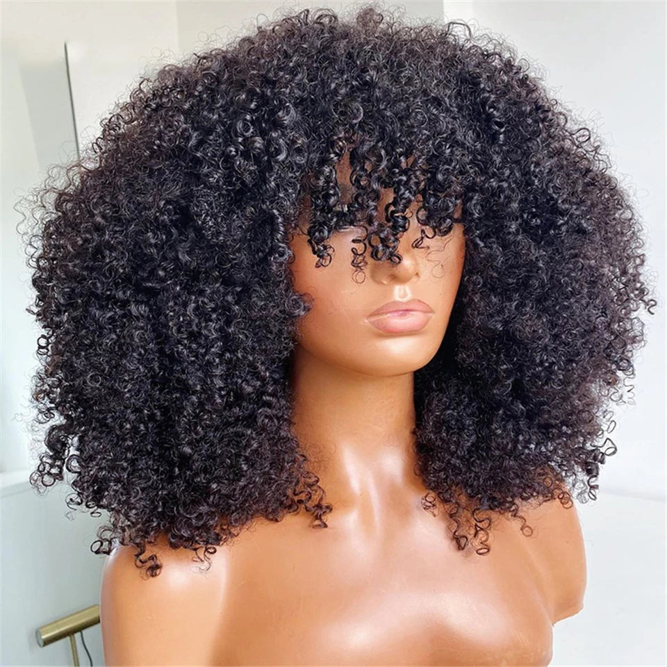 Afro Curly Human Hair Wigs Bangs, 250% Density Glueless Short Bob Fringe