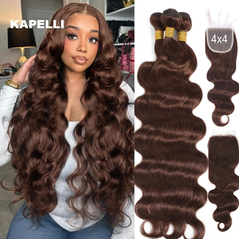 Brown Body Wave Human Hair Bundles with Lace Closure — Brazilian, Remy