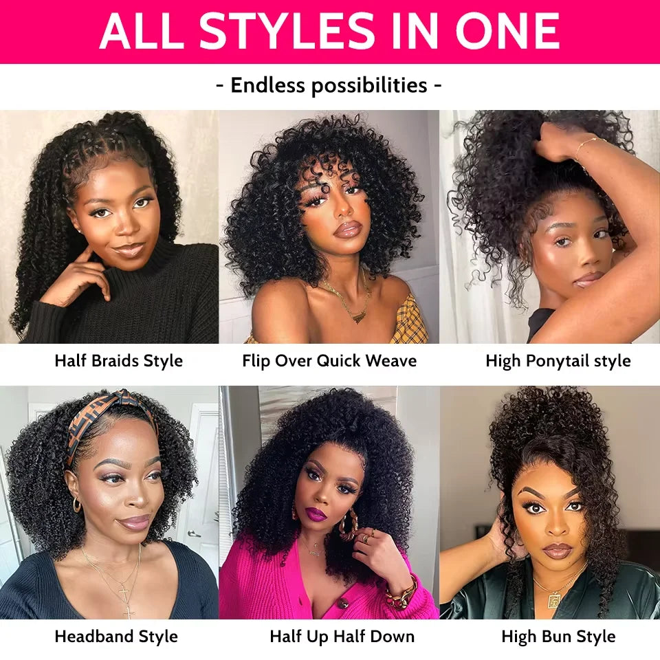 Afro Kinky Curly Human Hair Headband Wig — Glueless 3-in-1 Half Wig, 300% Density