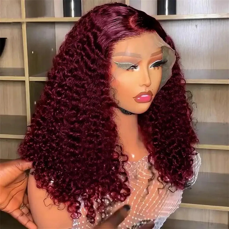 Water Wave Short Bob Cut 99J Red Burgundy Color, 13x4 Lace Front