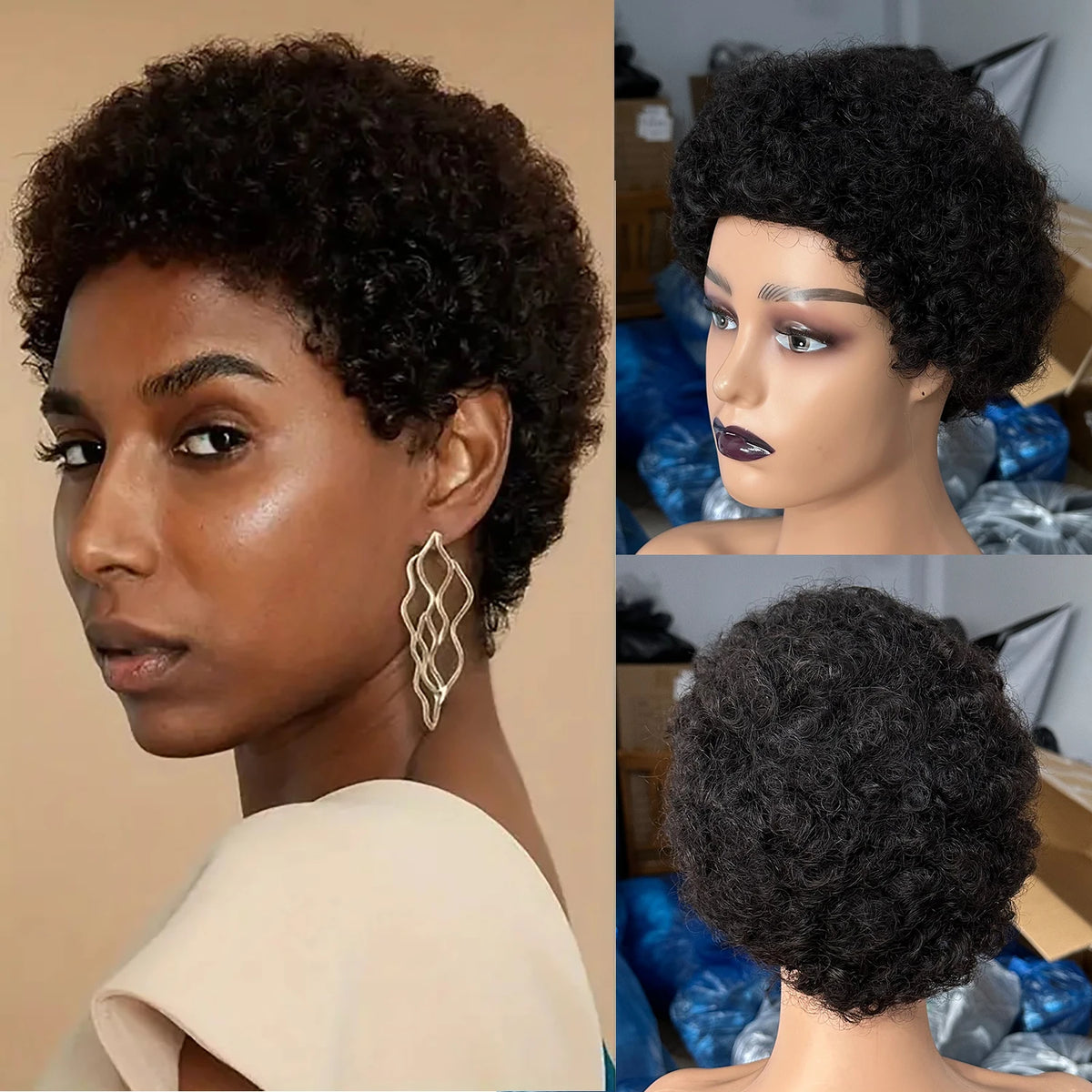 Brazilian Short Pixie Cut Wigs Human Hair Afro Kinky Curly African Full