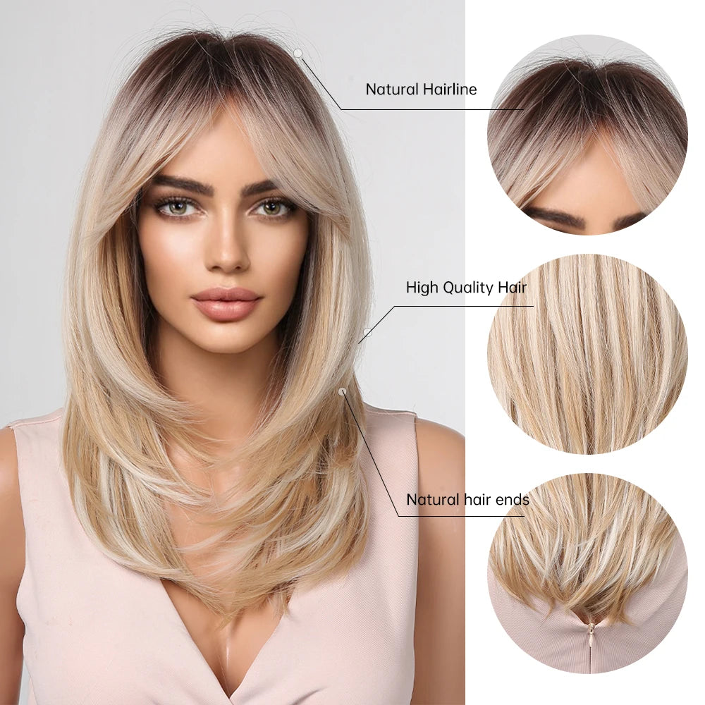 Long Blonde Wigs Synthetic Hair Fringe Ombre Color Dark Roots Layered Heat