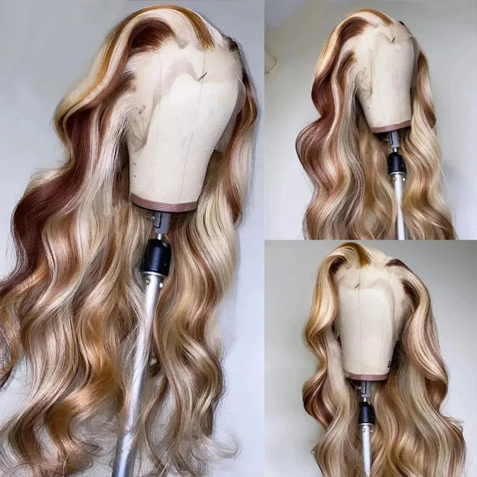 180% Density Brown Roots Ash Blonde Body Wave Lace Frontal Wig, 13x4, Ombre, Synthetic Blend