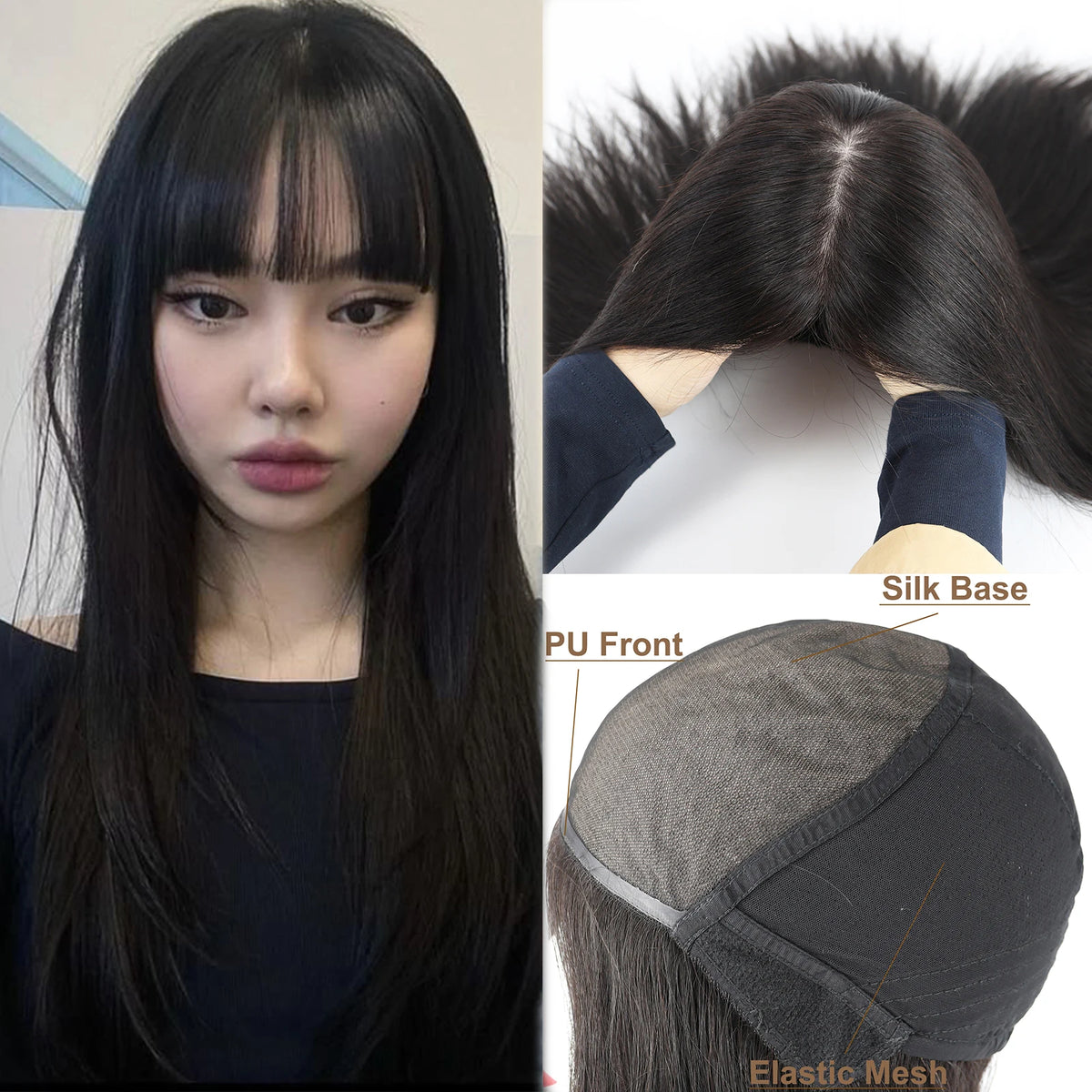 Straight Virgin European Human Hair Silk Top Wig with Bangs — 6x6 Silk Base