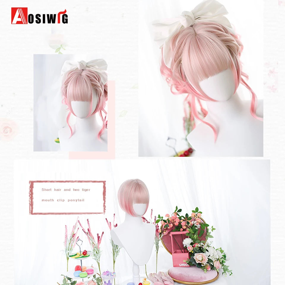 Blonde Twin Ponytail Princess Cut Natural Short Hair Synthetic Wigs Bangs Heat