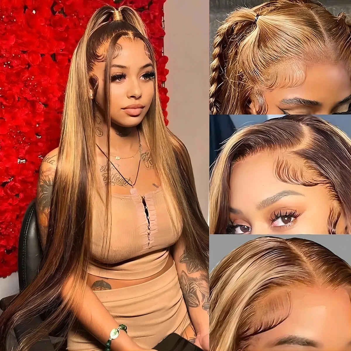 Honey Blonde Highlight Ombre 4/27 Human Hair Wigs HD Transparent Brown Colored