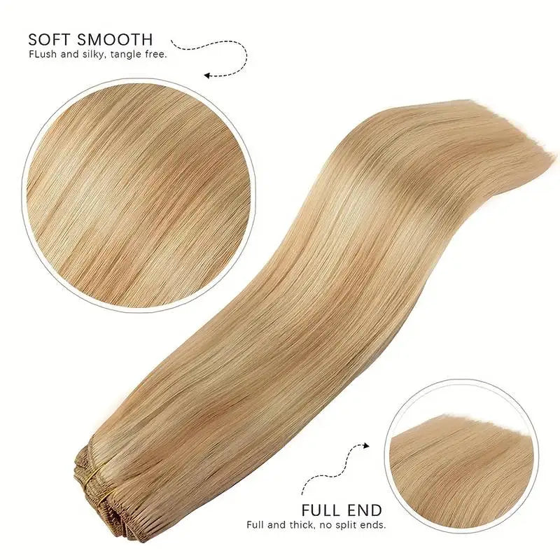 Clip in Hair Extensions, 100% Real Human P8/613 Color Brown Highlight Blonde