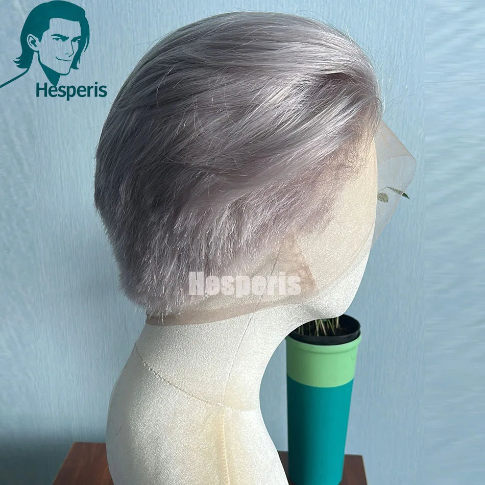 Grey Short Pixie Cut Human Hair Full Lace Wig for Men, Pre-Plucked
