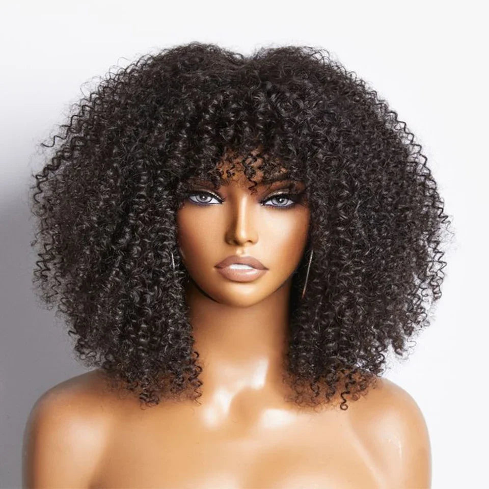 Brazilian Short Curly Human Hair Wig Natural Brown Color Afro Kinky Bangs