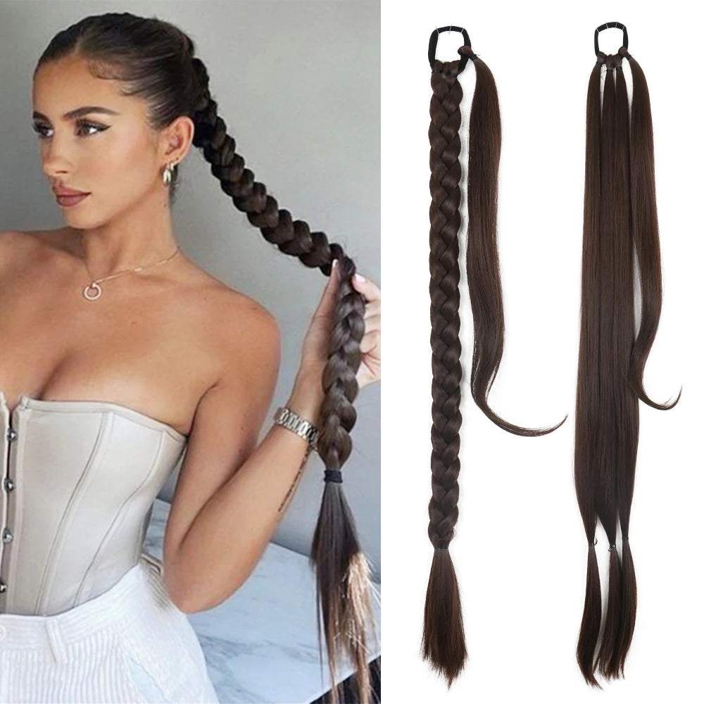 Synthetic Braided Ponytail Extensions Black Natural Hairpiece Long Pony Tail Hair Tie