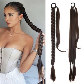 Synthetic Braided Ponytail Extensions Black Natural Hairpiece Long Pony Tail Hair Tie
