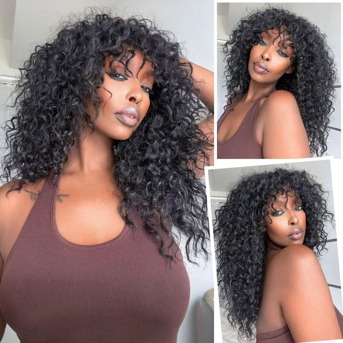 Water Curly 100% Virgin Human Hair Wig Bangs Density Peruvian Full Machine