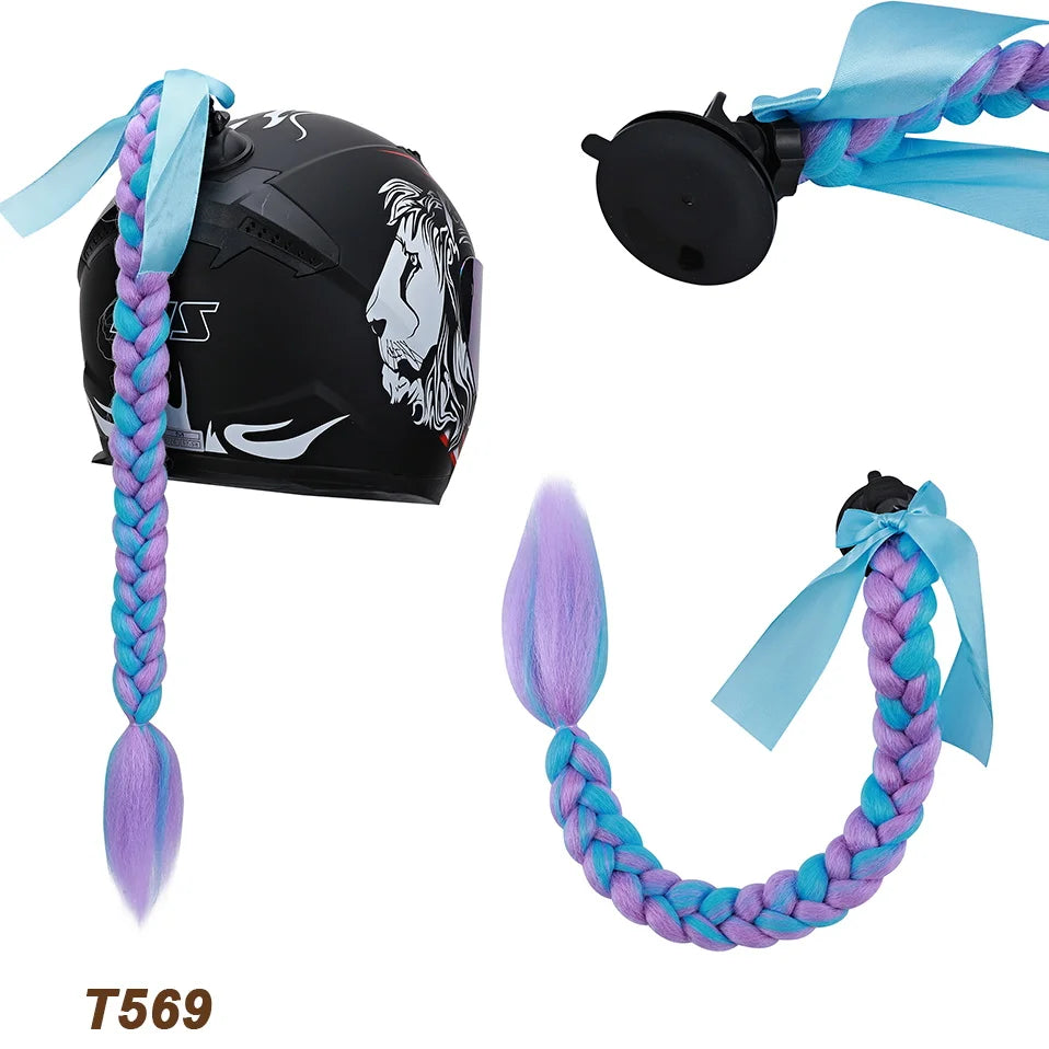 Synthetic Helmet Pigtails Gradient Ramp Braids Ponytail Hair Suction Cup Bowknot Motor