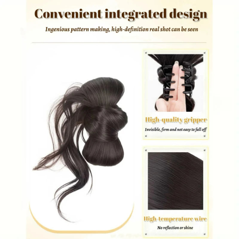 Low Side-Tie Synthetic Claw Clip Ponytail Hair Extensions With Elegant Lazy Style Dragon Beard Bun Hairpiece