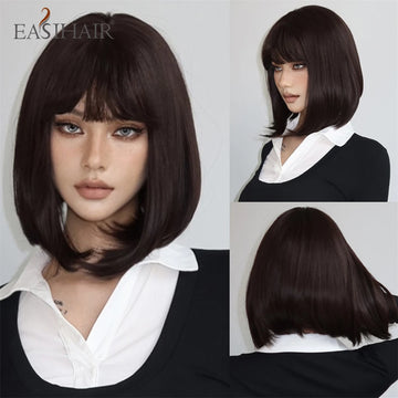 Short Straight Synthetic Wigs Bangs Dark Brown Black Bob Daily Cosplay Party
