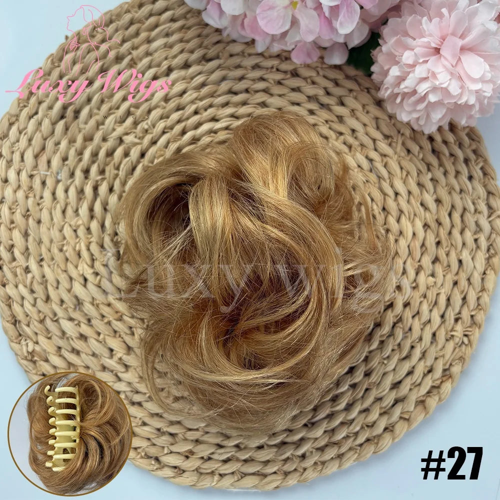 Brown Curly Claw Clip Messy Bun Ponytail Human Hair Extensions Black Blonde