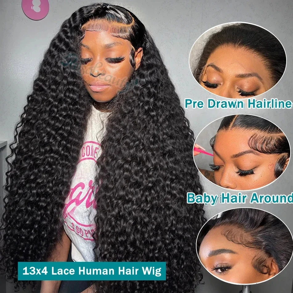 Density Deep Wave Human Hair Lace Front Wig, 13x6 HD Transparent Frontal