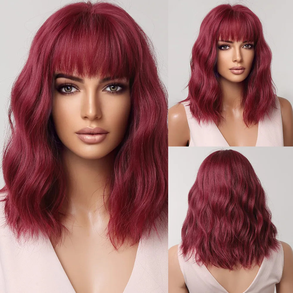 Pink BOBO Synthetic Wigs Short Natural Wave Hair Wig Party Daily High Density Heat Resistant