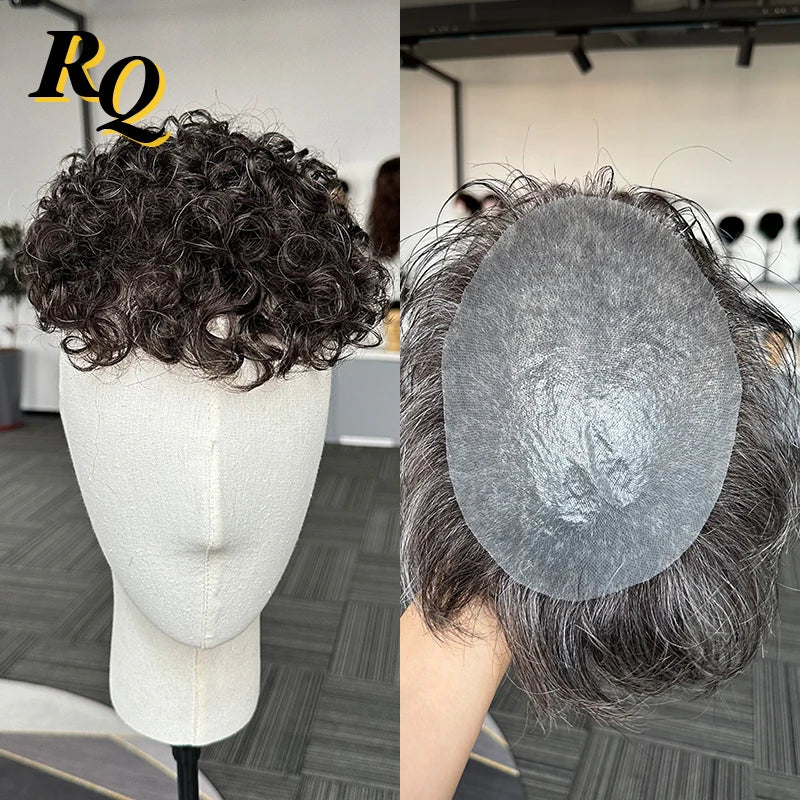Curly Pre-Styled Men's Toupee, Thin Skin 0.04mm, Hair Replacement System