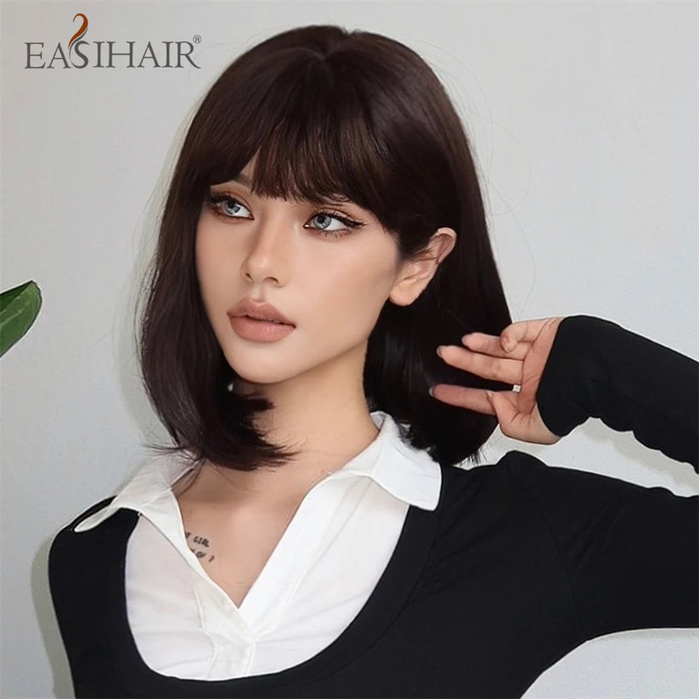 Short Straight Synthetic Wigs Bangs Dark Brown Black Bob Daily Cosplay Party