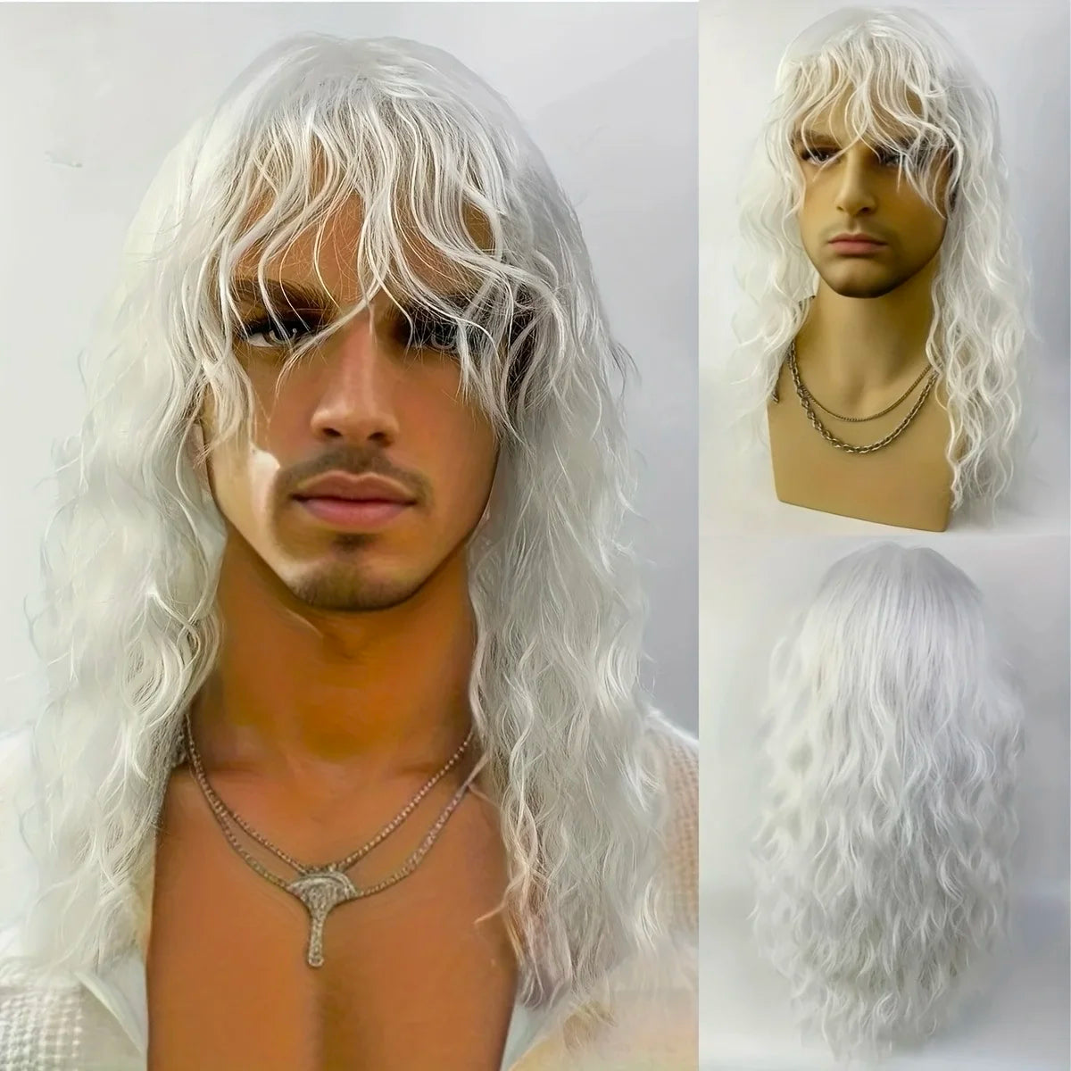 Synthetic Men's Wig Grey Natural Curly Bangs Water Wave Daily Or Cosplay