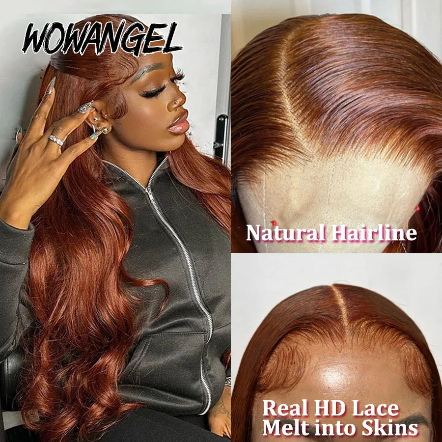 Reddish Brown Body Wave Human Hair 13x6 HD Lace Frontal Wig, 250% Density, Pre-Cut, Copper Red