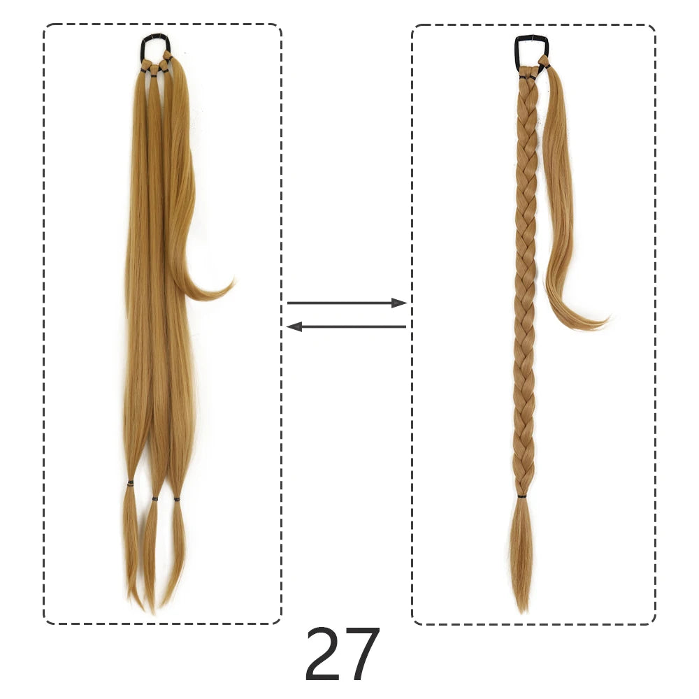 Synthetic Braided Ponytail Extensions Black Natural Hairpiece Long Pony Tail Hair Tie