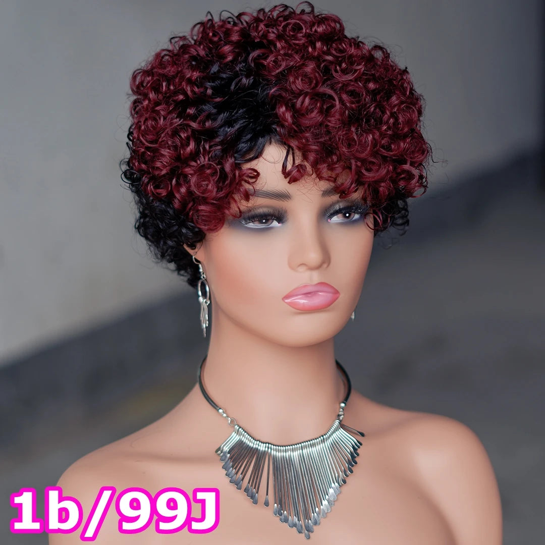 99J Red Rose Curly Short Bob Pixie Cut Human Hair Wig Ombre