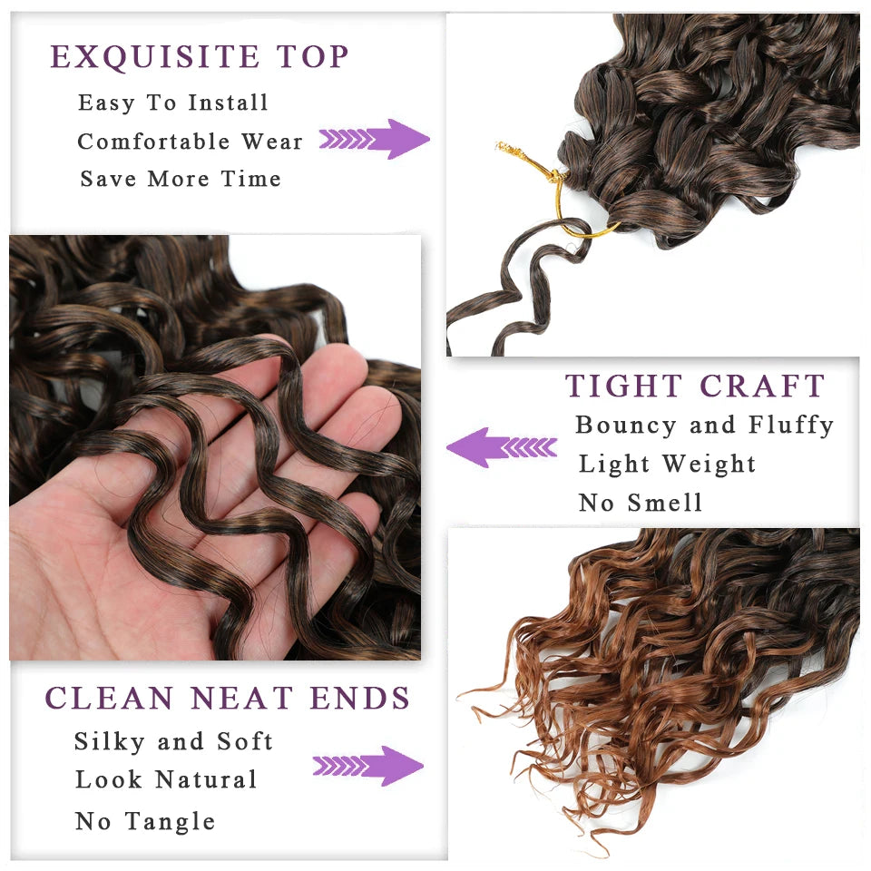 Curl Crochet Hair 14inch 1-8 Packs Ombre Brown Water Wave Curly Braiding