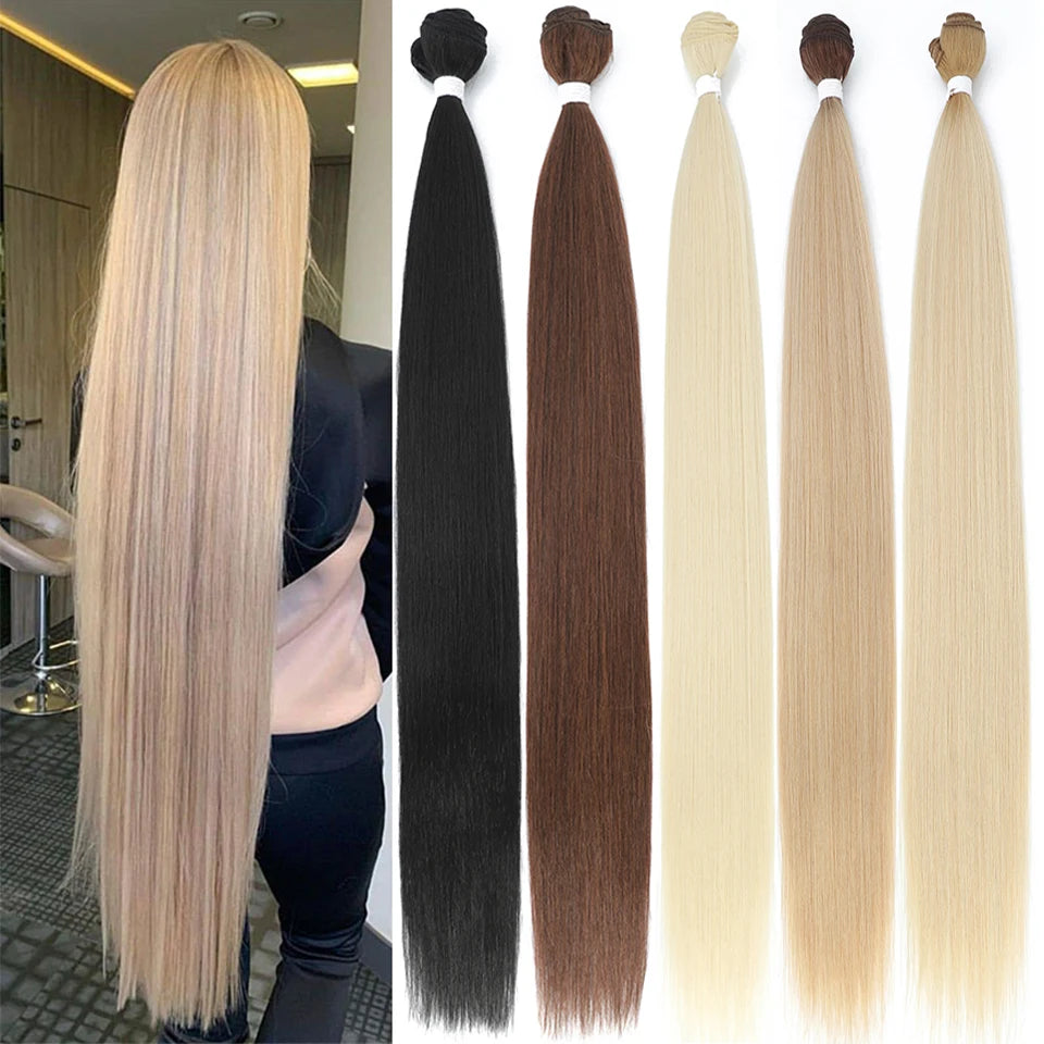 Bone Straight Hair Bundles Salon Natural Extensions Fake Fibers Super Long Synthetic