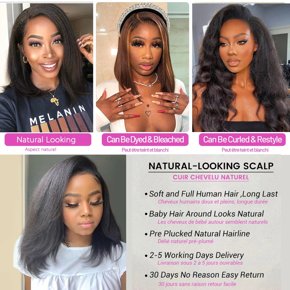 Kinky Straight Short Bob Human Hair Wig, 13x4 HD Transparent Lace Frontal, Glueless