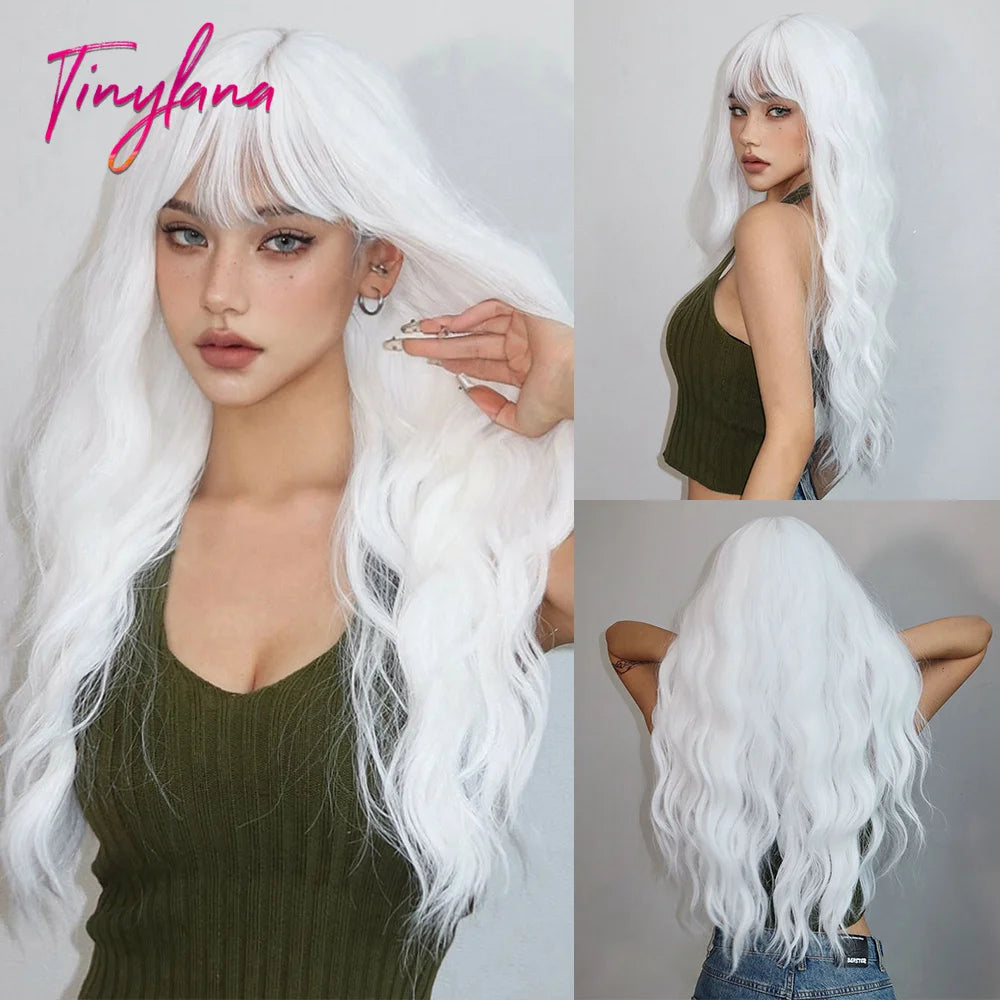 Super Long Black Wavy Synthetic Wigs Bangs Afro Dark Water Wave Halloween