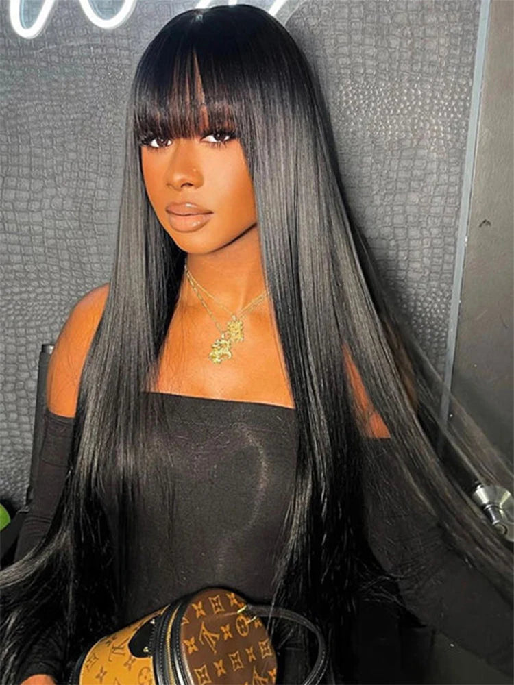 Straight Wigs Bangs Human Hair None Lace Front Brazilian Virgin Glueless Machine