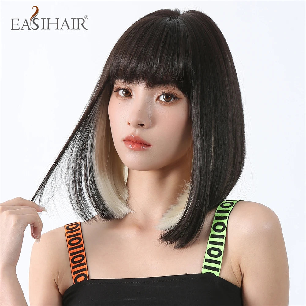 Short Straight Synthetic Wigs Bangs Dark Brown Black Bob Daily Cosplay Party