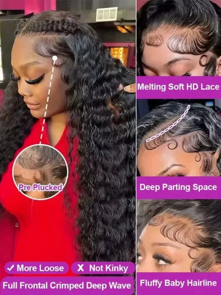13x4 Brazilian Deep Wave Curly HD Lace Frontal Human Hair Wig, Pre-Plucked