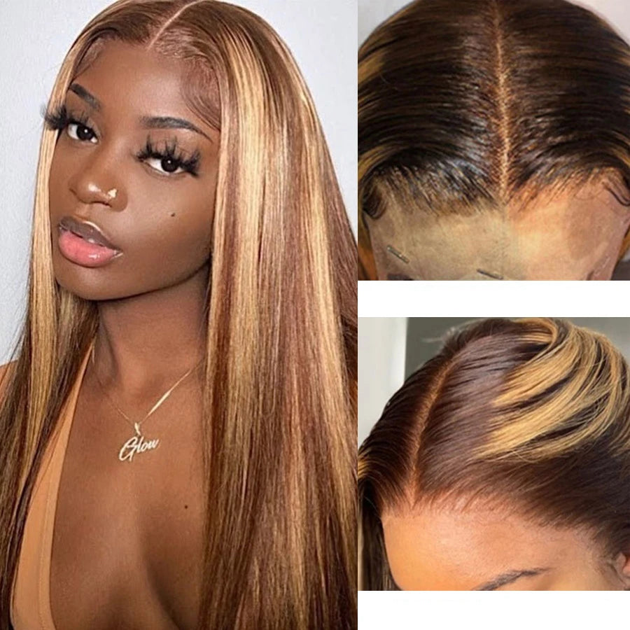Brazilian Highlight Human Hair Lace Front Wig, Honey Blonde Straight, 13x4 13x6 HD Lace