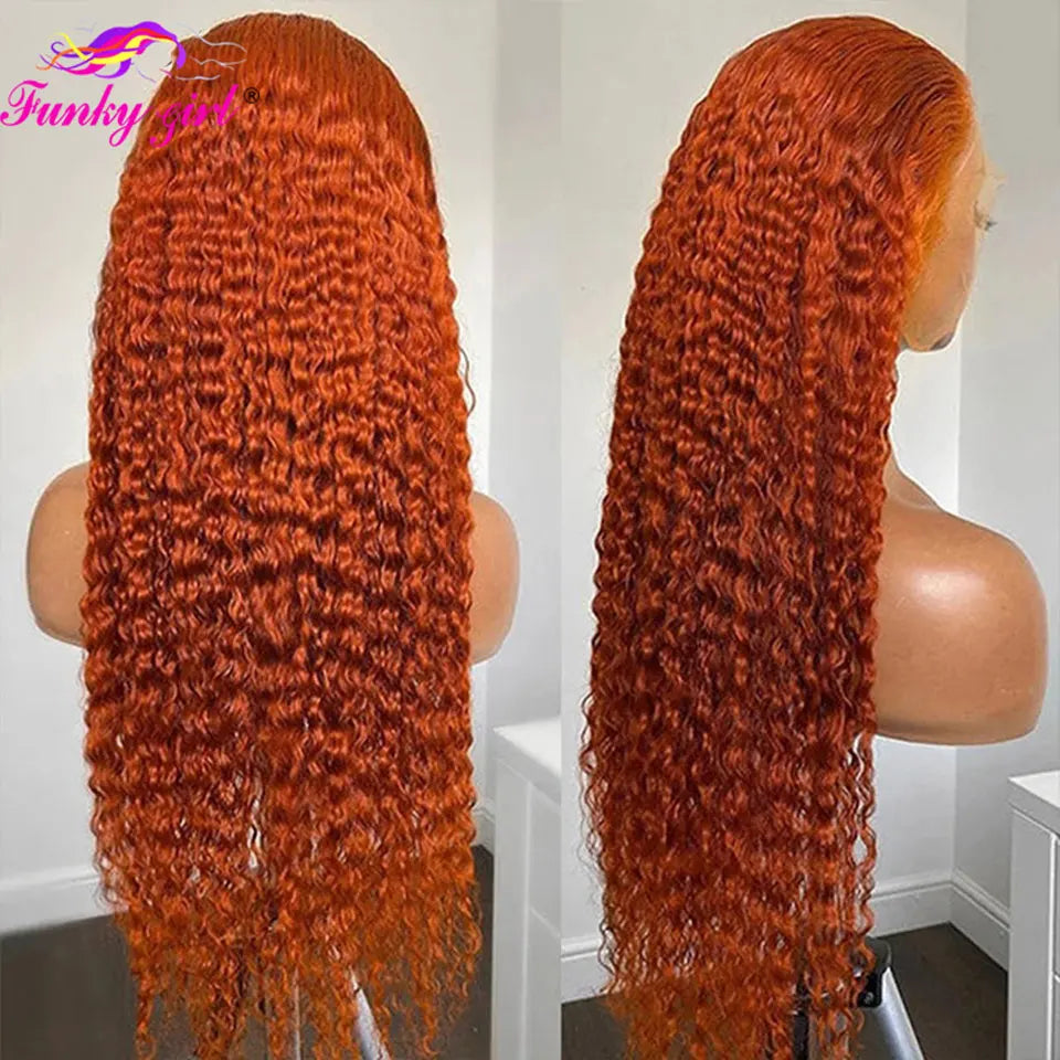 Ginger Water Wave Human Hair Wig, 13x4 Lace Front Brazilian Orange Color