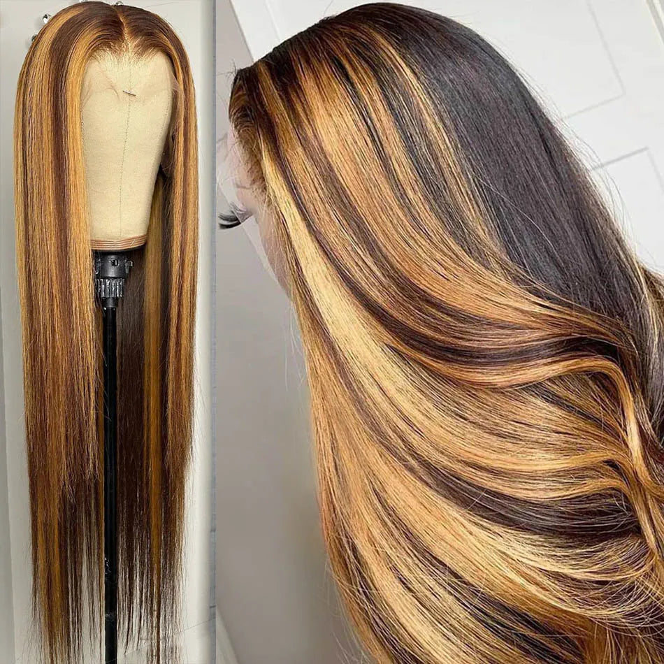 13x4 HD Highlight Lace Frontal Wigs Honey Blonde Brazilian Glueless Ombre Straight