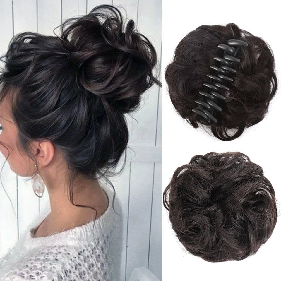 Synthetic Messy Bun Chignon Claw Clip Hair Piece - Wavy Curly Ponytail Scrunchie