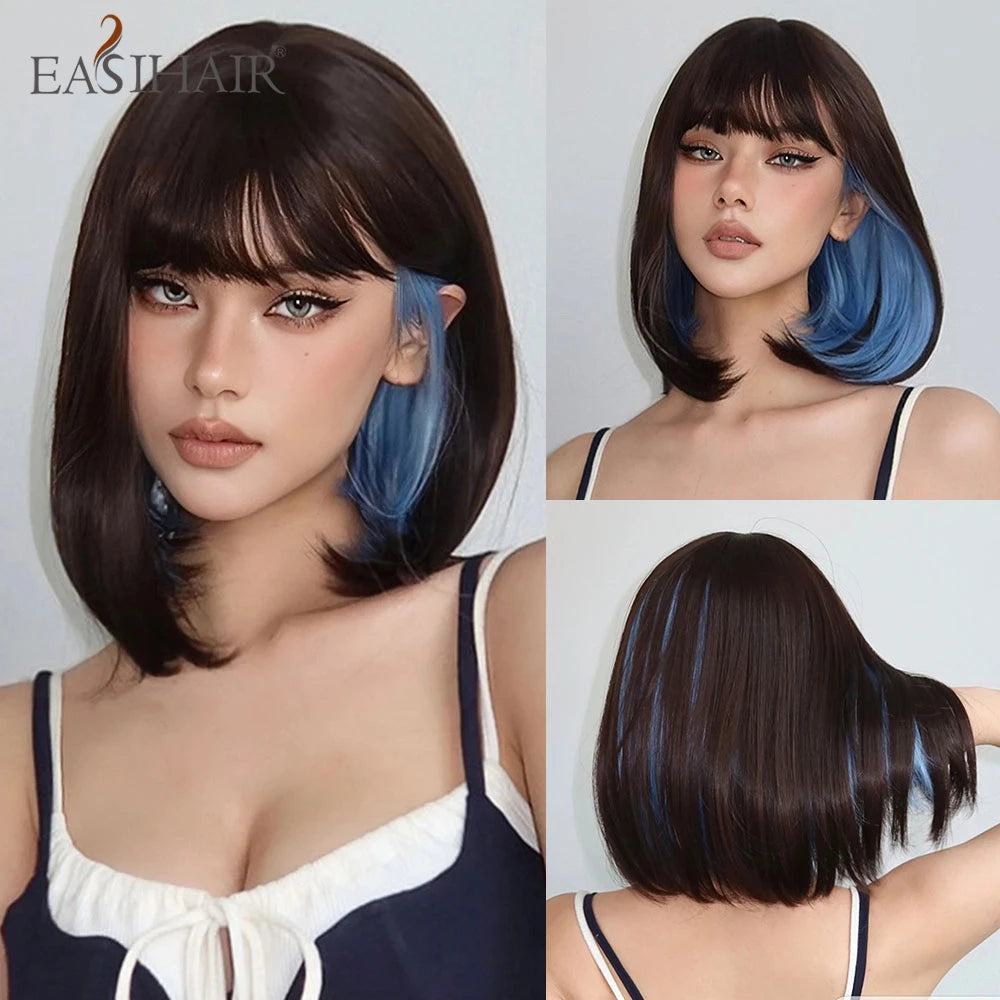 Short Straight Synthetic Wigs Bangs Dark Brown Black Bob Daily Cosplay Party