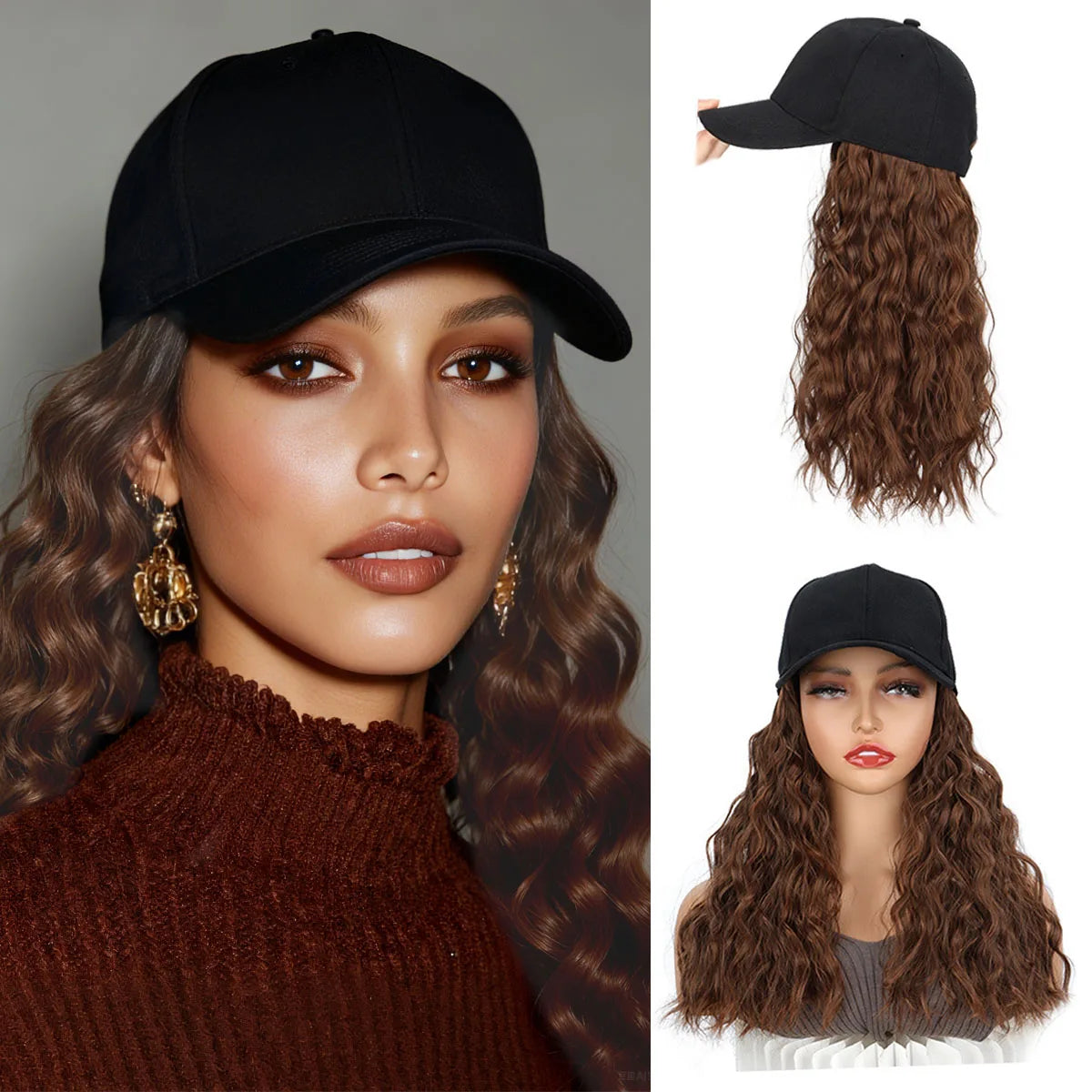 Synthetic Baseball Cap Wig Natural Wave Hair Extensions Hat Heat Resistant Black