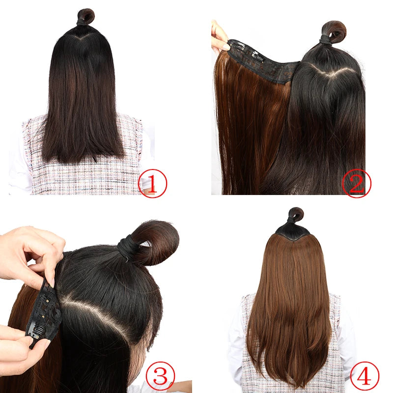 22Inch Synthetic Long Straight Layered Clip-in Hair Extension V-shaped Black Blonde Invisible Hairpiece