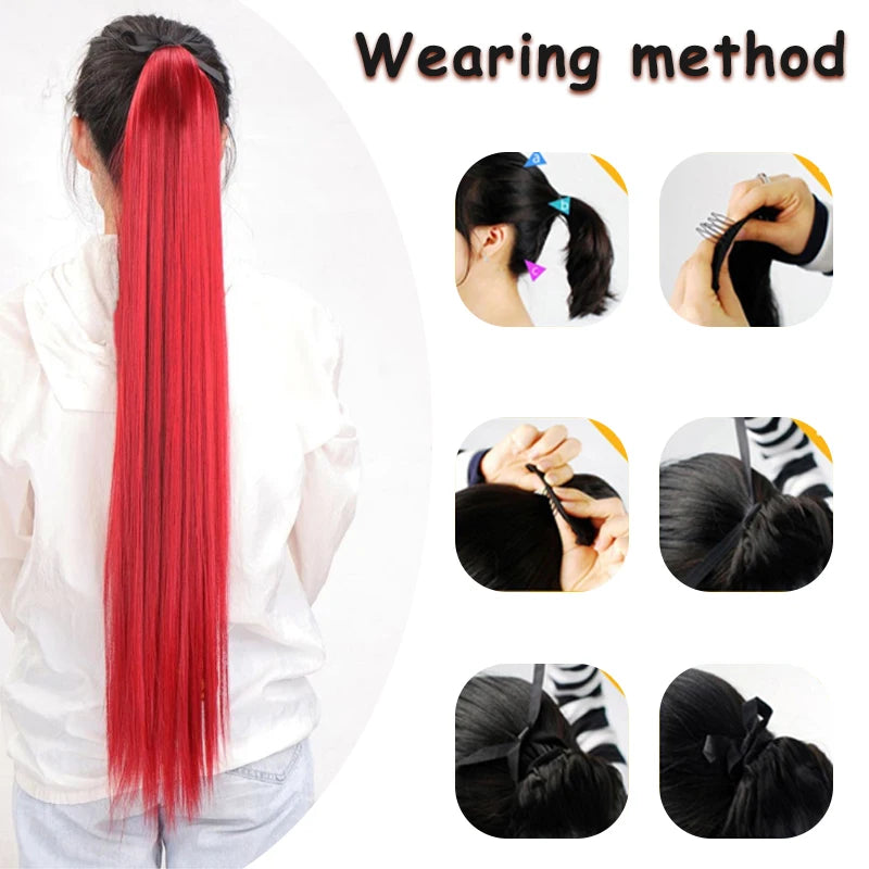 Tie Style Ponytail Extension Straight Ponytail 32 Inch Synthetic Hair Piece, Suitable 's Heat-Resistant (Red)
